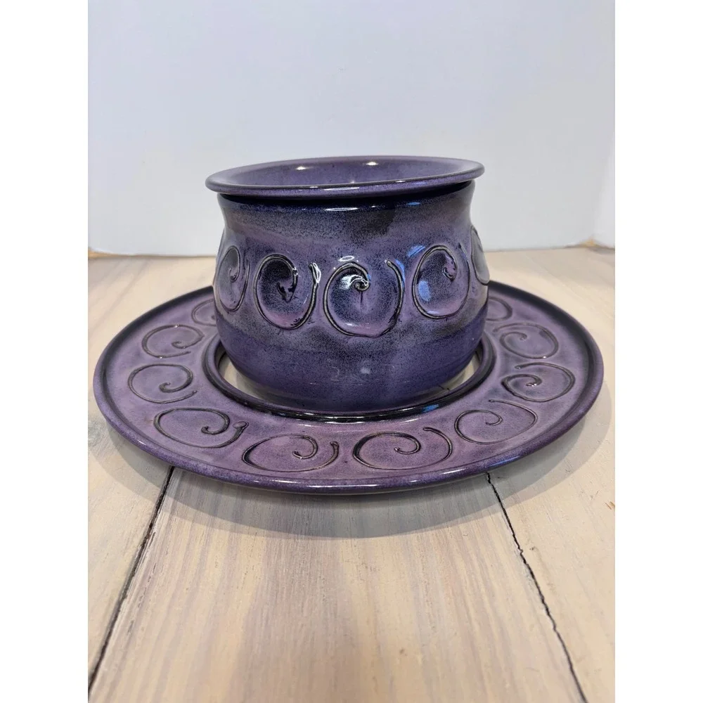 Bostwick 2016 Studio Pottery Purple Swirl 3-Piece Chip Dip Set Artisan Ceramic
